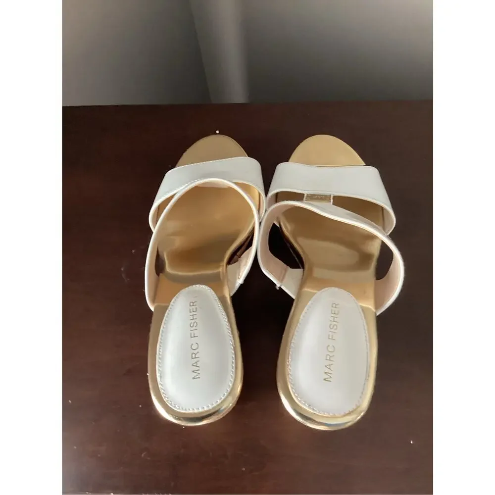 Marc Fisher Women's wedges sandals white straps gold tones cork platform heel 7